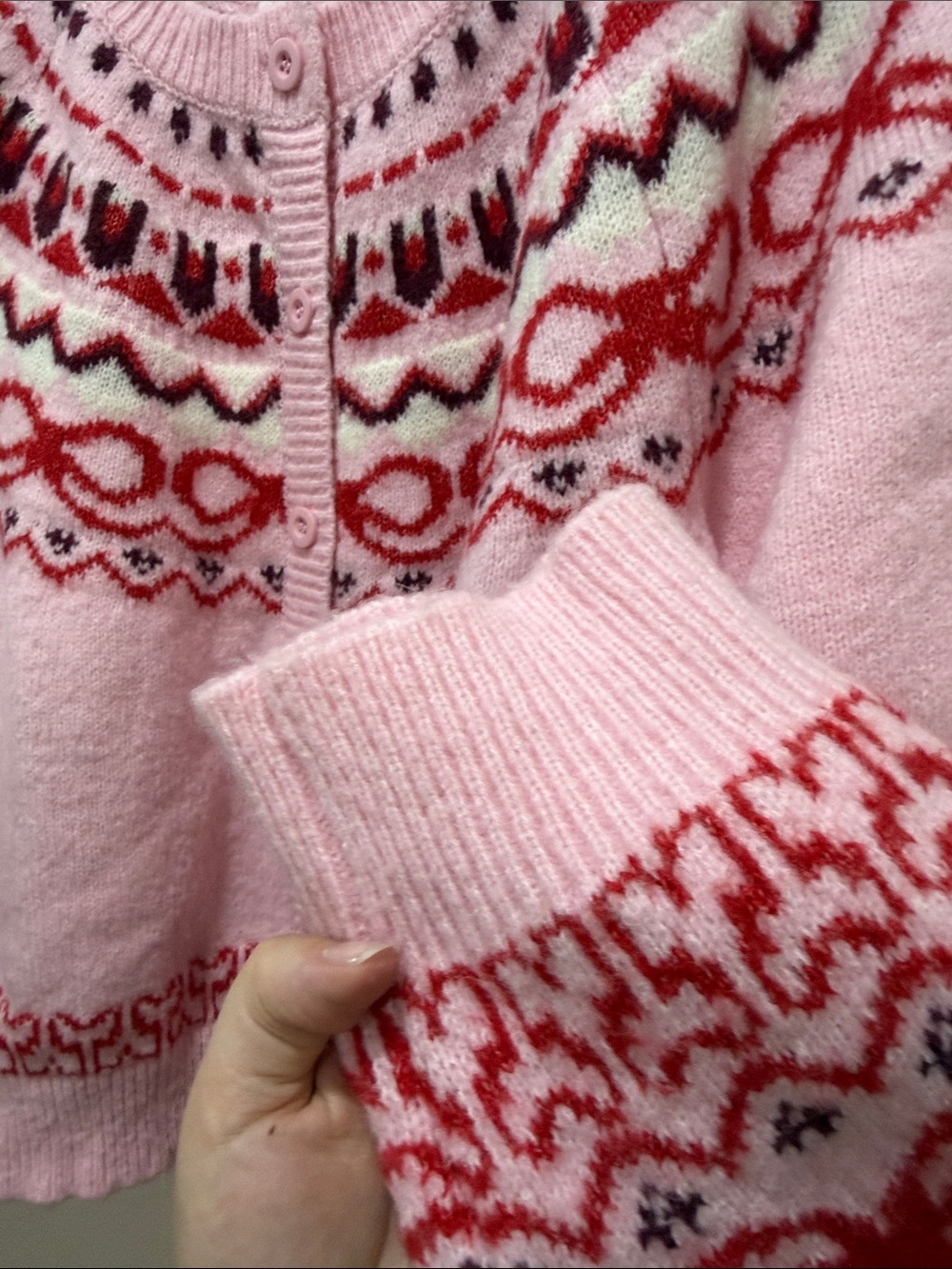 Revolve House of Harlow 1960 Pink & Red Fair Isle Cropped Cardigan - Picture 9 of 16